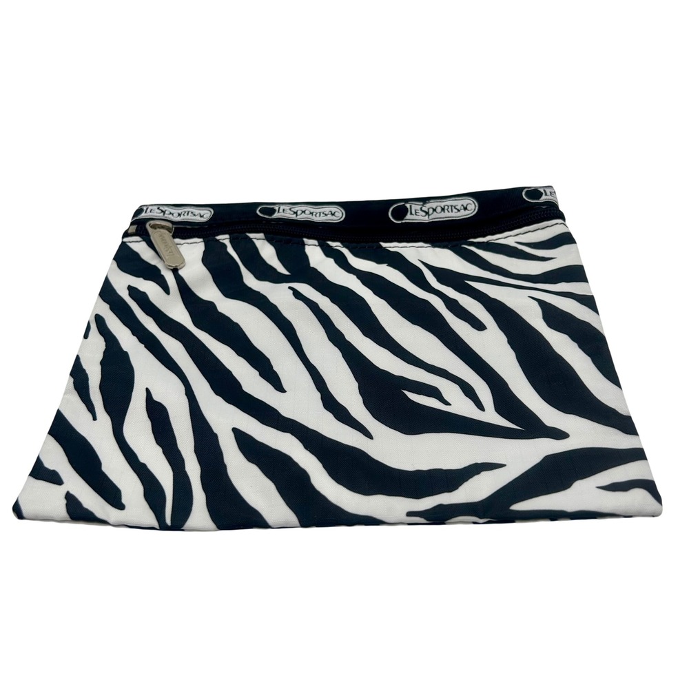 LeSportsac Zebra Print Nylon Cosmetic Pouch Black White Zipper Travel Bag